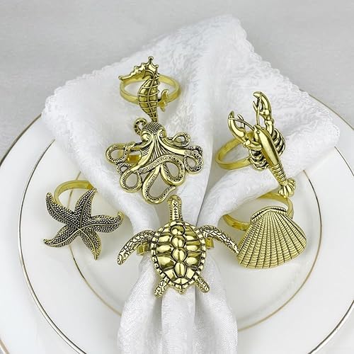 Lot de 6 ronds de serviette dorés en forme d'étoile de mer, coquillage, homard, tortue, hippocampe, pieuvre (doré) - Nail Gallerys