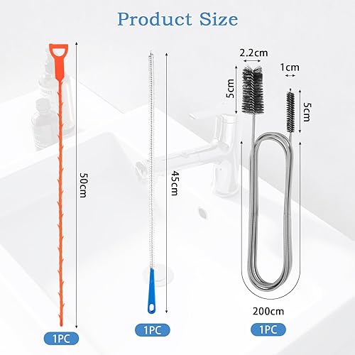 KILDOWS 3 Pièces Deboucheur Canalisation, 200cm Brosse Nettoyage Deboucheur Canalisation Brosse de Furet Deboucheur Evier Réutilisable Outil de Débouchage D'évier pour Cuisine Salles de Bain Baignoire - Nail Gallerys