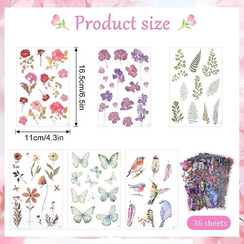 36 Feuilles d'Autocollants Scrapbook Fleurs Papillons Oiseaux Autocollants Album Photo Autocollants Transparents Plantes en PET Autocollants Décoratifs pour Album Photo Journal Scrapbooking - Nail Gallerys