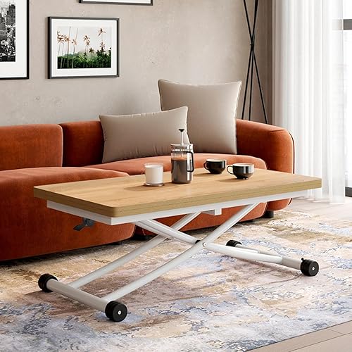 IDMarket - Table Basse Extensible relevable en Table à Manger rectangulaire Urbana Plateau façon hêtre Pied Blanc - Nail Gallerys