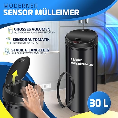 KESSER® Poubelle à capteur ✓ Automatique ✓ Poubelle ✓ Déchets | Acier Inoxydable | Couleur : Noir | Dimensions : 30 L - Nail Gallerys