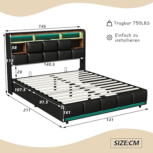 LONELYO Lit Coffre 160 x 200 à LED, Lits Hydraulique avec Étagères Ouvertes et Rangement Caché en Tête de Lits Capitonné, Lit 2 Personnes avec Lattes en Bois - Nail Gallerys