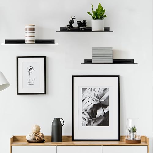 QWORK® Lot de 2 Etagères Murales en Métal 50 cm de Large et 12 cm de Profondeur Étagère Murale Noire en Aluminium Space - Gain de Place & Antirouille - Nail Gallerys