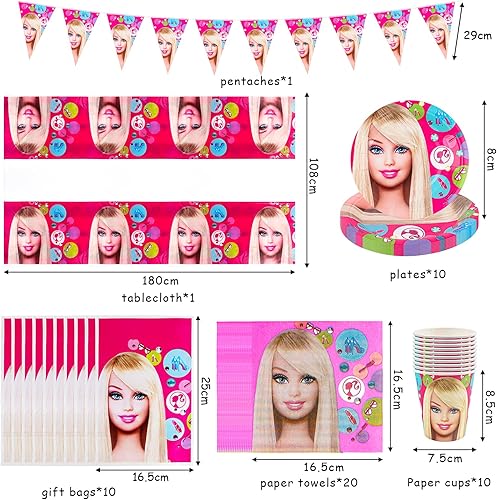52Pcs Bar-bi Vaisselle pour Fête d'anniversaire d'enfants, Assiettes, Tasses, Nappes, Serviettes de Table,Bannière d'anniversaire,Sac Cadeau, Kit de Vaisselle pour Fête d'anniversaire pour 10 Invités - Nail Gallerys