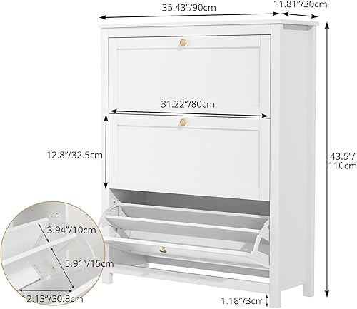 VOWNER Meuble Chaussures, Meuble de Rangement à Chaussures Armoire, Commode à Chaussures, Meuble d'entrée Rangement pour Chaussures, 90 x 110 x 30 cm, Séparateurs Réglables, pour Entrée (Blanc) - Nail Gallerys