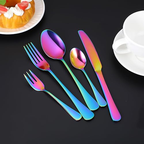 Andibro Lot de 5 couverts arc-en-ciel multicolores en acier inoxydable avec couteaux, fourchettes et cuillères - Poignée ronde - Couverts de voyage pour fête et maison - Passe au lave-vaisselle - Nail Gallerys