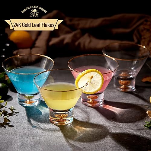 DUJUST Lot de 4 verres Martini de luxe avec bord doré (8oz), verres à cocktail sans pied en cristal avec paillettes de feuilles d'or 24K, verres à margarita pour bar à domicile, sans BPA ni plomb - Nail Gallerys