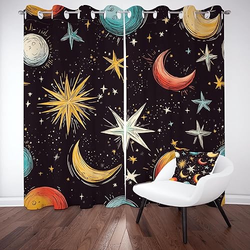 Gklnmcx Rideau Lune Étoile Coloré, Lot de 2 à Oeillets 70L x 160H, Rideau Ciel Étoilé Anime Occultant Isolant Anti Froid, pour Chambre Enfant, Intérieur Decoration - Nail Gallerys