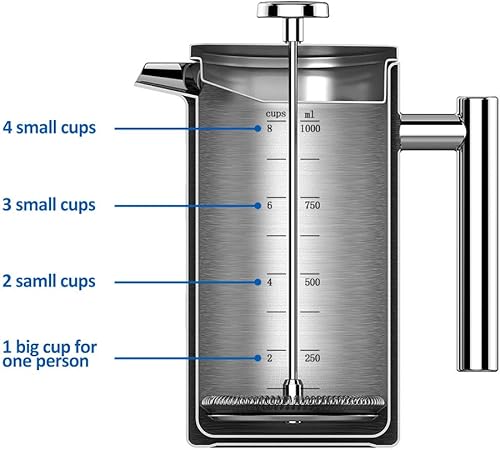 KYG Cafetière à Piston French Press en Acier Inoxydable Isolation Thermique Permanent pour Café Thé avec 5 Filtres Recharges 1L - Nail Gallerys