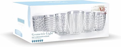 Villa d'Este Home Tivoli 1996 Lot de 6 verres à eau 320 ml en verre transparent décoré en relief, Geometrie Light - Nail Gallerys