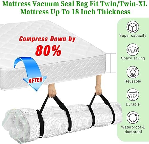 Sac sous vide pour matelas Twin/Twin-XL Sangles de déplacement, sac de compression sous vide anti-fuite pour le rangement des matelas avec double fermeture éclair, peu encombrant pour mousse à mémoire - Nail Gallerys