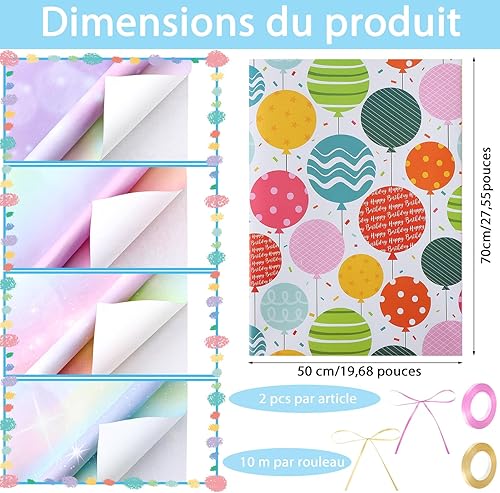 Halinuia Papier Cadeau, 8 Feuilles 70x50cm Papier Cadeau Anniversaire avce 2 Ruban Satin pour Anniversaire Parties et Fêtes (Violet Rose Bleu Vert Ciel Étoilé Dégradé) - Nail Gallerys