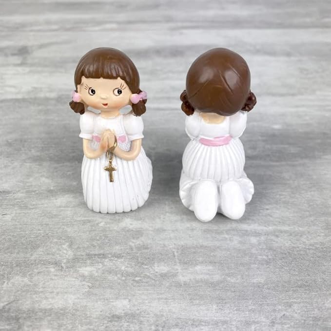Lot de 2 Communiantes ou Baptisées à Genoux, Haut. 6,5 cm, résine, Fillettes Mains jointes avec Croix - Nail Gallerys