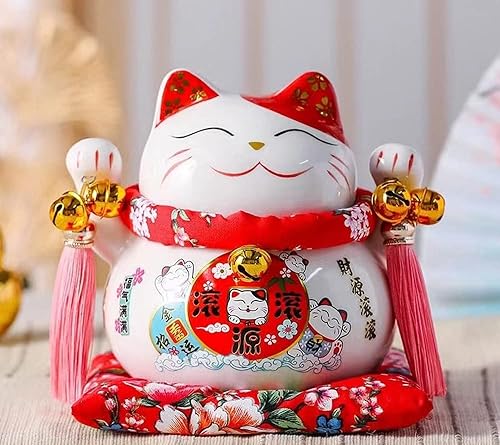 Maneki Neko Tirelire - Tirelire Chat Japonais Porte Bonheur, Statue de Chat Japonais en Porcelaine avec Pompon de Style Chinois et Cloche Porte-Bonheur pour la décoration de Bureau(Blanc) - Nail Gallerys