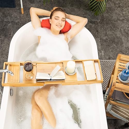 Relaxdays, nature Pont de baignoire extensible plateau tablette salle de bain 2 en 1, réglable 74,5-114 cm, bambou, métal, polyester, 1 élément - Nail Gallerys