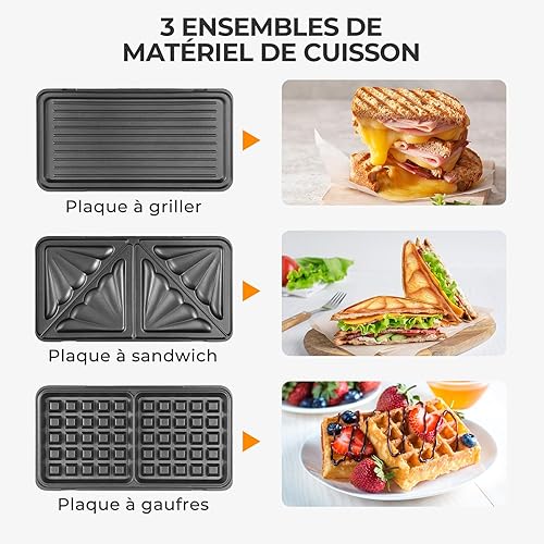 OSTBA APPLIANCE Appareil à Croque Monsieur 3 en 1 avec 3 Plaques Antiadhésives et Interchangeables (Gaufrier, Grill, Sandwich, Croque Monsieur), Affichage LED et Poignée Cool Toucher, 900W, Noir - Nail Gallerys
