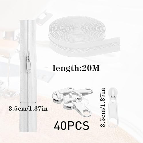 RobLuX Fermetures Eclair Blanc Fermeture Eclair au Metre 20m Fermetures Eclair en Nylon Sans Fin avec Curseur avec 40 Curseur Fermeture Eclairs pour Vêtements sacs Bagages Linge de lit - Nail Gallerys