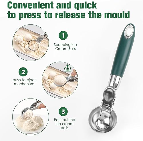 THKO Cuillère à Glace, 20x5x2.7cm Grande Inoxydable Ice Cream Scoop Vert Foncé Cuillere Glace Boule Accessoires à Glace, Cuillere à Glace Longue avec éjecteur Boulier Glace Cuillère à Crème Glacée - Nail Gallerys