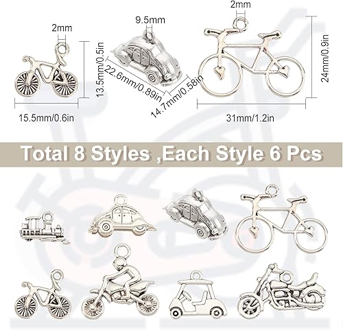 SUNNYCLUE 1 Boîte 48 Pcs 8 Styles Vélo Charmes Alliage Pendentifs Vélo Moto Voiture Tour Bus Train Charm Kit Argent Transport Pendentif pour Fabrication de Bijoux Charmes DIY Collier Bracelet - Nail Gallerys
