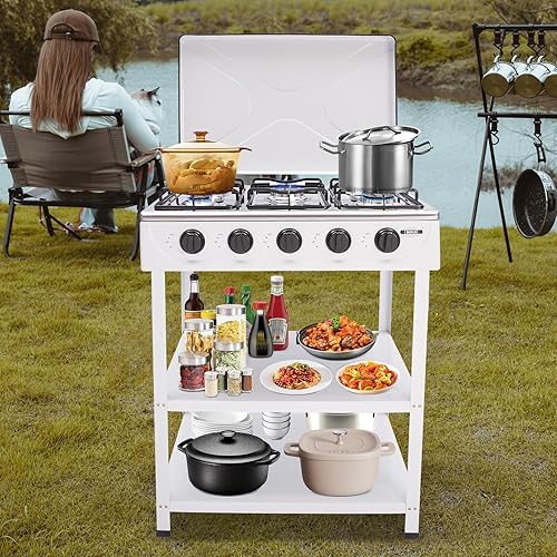 Plaque de cuisson à gaz 5 feux, 2,5 kW - Portable - Avec 2 étagères et couvercle - Pour camping-car, appartement, cuisine en plein air - Blanc - Nail Gallerys