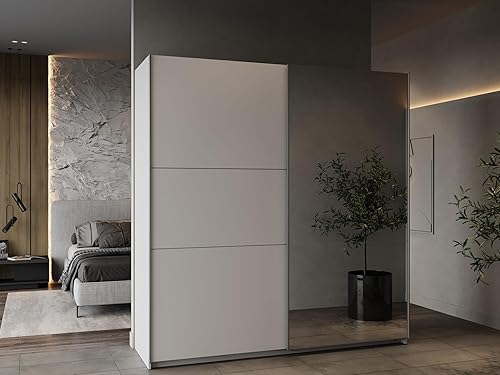 Demeyere Armoire Porte Coulissante avec Miroir & Penderie Moderne – Coloris Blanc Mat & Finitions Métal - 194,5 x 59,9 x 203 cm - Nail Gallerys