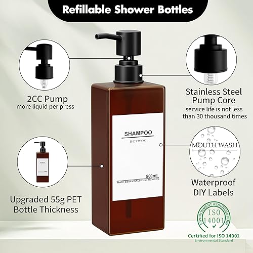 Lot de 4 bouteilles de shampoing à remplir - 500 ml - Distributeur de savon pour douche - Distributeur de savon ambre avec 32 étiquettes étanches et entonnoir - Distributeur de pompe en plastique pour - Nail Gallerys
