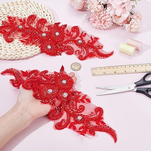 HOBBIESAY Lot de 2 appliques en dentelle florale rouge avec perles 3D et strass à coudre - Accessoires de décoration et de bricolage - Nail Gallerys