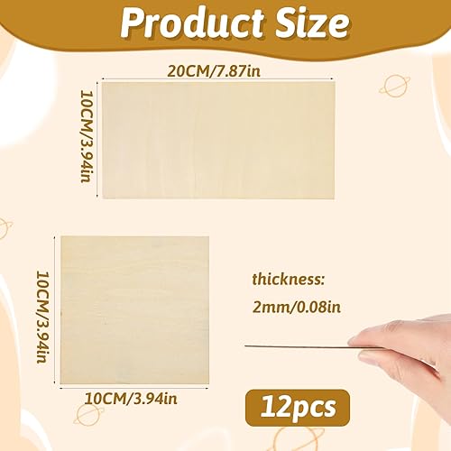HJZHII Lot de 12 feuilles de bois de balsa fines de 2 mm, 10,2 x 20,3 cm et 10,2 x 10,2 cm - Feuilles de bois brut fines pour travaux manuels - Pour découpe au laser, travaux manuels, modèles - Nail Gallerys