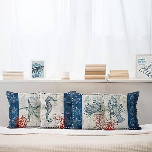 ASDCXZ Housses de Coussin Maritime 40x40 cm, Lot de 4 Ancre Maritime Boussole de mer Plage de Sable Blanc canapé Coussin Housses de Coussin Lavable Lin Textile Taie d'oreiller - Nail Gallerys