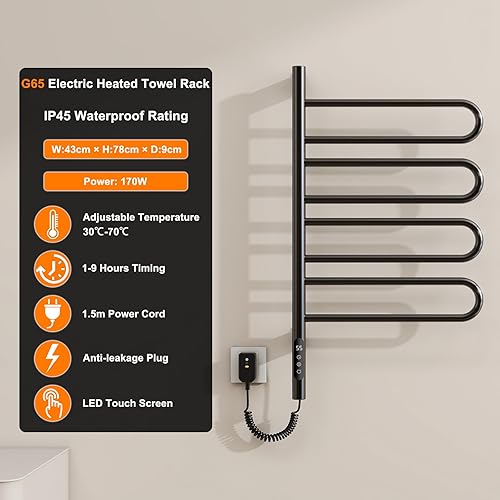 Seche Serviette Electrique, Rotation à 180° Seche Serviette, Noir Seche Serviette Salle de Bain, 170W, Chauffage en Fibre de Carbone, avec Minuterie/Température Réglable, Économie d'énergie-Black - Nail Gallerys