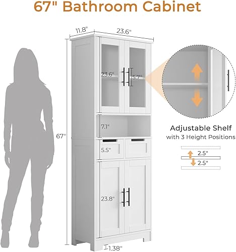 Bonnlo Buffet en Bois avec 2 Grands Compartiments de Rangement & 4 Étagère, Placard Haut, Armoire de Cuisine Multifonctionnel, pour Cuisine, Salon, Salle de Bain, 60 x 30 x 170 cm, Blanc - Nail Gallerys