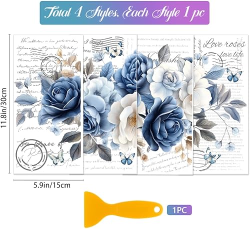 GLOBLELAND 4 Feuilles de Transfert de Meubles Rétro Roses Bleues 6x12 Pouces Texte Vintage Papillon Frotter Sur Transfert Fleurs Autocollants D'Art Mural pour Chambre Salon Bureau Table - Nail Gallerys