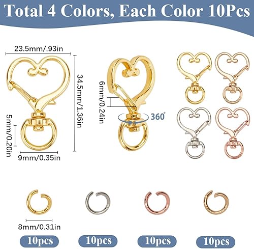 SOFPLATE 1 boîte de 40 mousquetons Pivotants Dorés en Alliage en Vrac Mousqueton Rotatif en Forme de Cœur Porte Clés Crochets Boucle de Suspension pour Sac à Main Sacs Porte Clés Accessoires de Fabric - Nail Gallerys