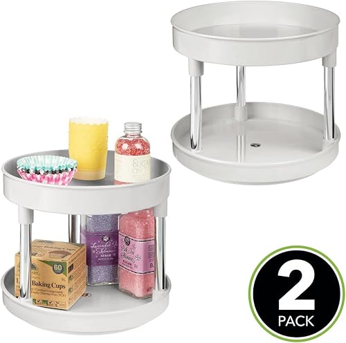 mDesign Lazy Susan plateau tournant en plastique à 2 étages pour épices, etc. (lot de 2) – accessoire de rangement cuisine pour placards et plan de travail – étagère à épices – gris clair/argenté - Nail Gallerys