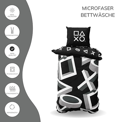 Parure de lit Playstation 135 x 200 cm - Idée cadeau - 1 taie d'oreiller 80 x 80 cm + housse de couette 135 x 200 cm - Avec fermeture éclair - Motif réversible - Article de fan Playstation Icons - Nail Gallerys
