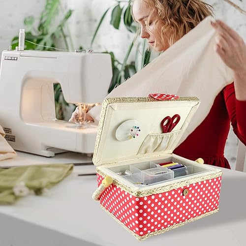 Todeco - Panier à Couture, Kit de Couture - Dimensions: 24 x 17,5 x 13 cm - Matériau: Tissu en coton - 24 x 17,5 x 13 cm, Pois blancs/Rose - Nail Gallerys