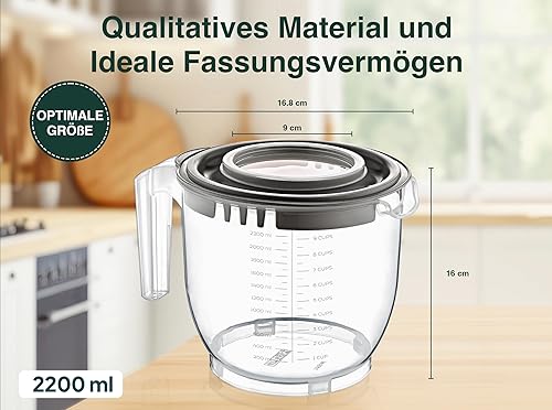 uandu Gobelet doseur et mélangeur avec couvercle - Grand 2,2 l - Échelle de mesure - En plastique de qualité supérieure - Ustensiles de cuisine pratiques - Bol mélangeur - Couvercle anti-éclaboussures - Nail Gallerys