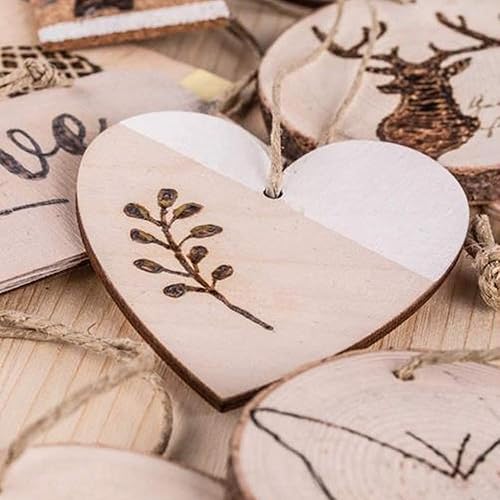 Lot de 100 Coeur en Bois avec Trous Bois Naturel en Forme de Coeur avec 10 m de Ficelle Naturelle Décorations pour Mariages, Fêtes,Cadeaux, Loisirs et Arts - Nail Gallerys