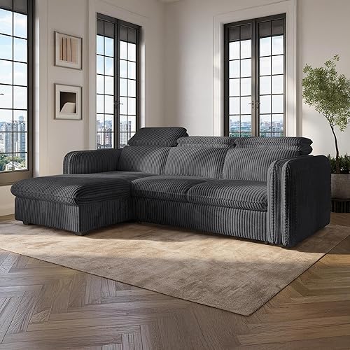 Mobilier-Deco Alix - Canapé d'angle Convertible en Velours côtelé épais Vert foncé- Angle Gauche - Nail Gallerys