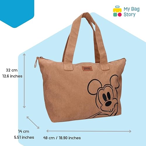mybagstory - Sac Shopping en velours côtelé Mickey mouse marron - Femme - Adolescente - Plage - Courses - Lycée - Collège - Taille 48 cm - Bretelles - Nail Gallerys