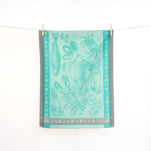Autrefois Torchon Imprimé Jacquard Bleu Ciel, 48 * 70 cm, Thème Poissons, Fruits de Mer Bleu - Nail Gallerys