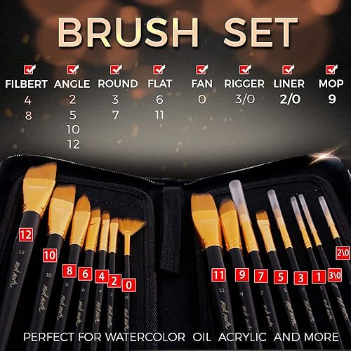 Mont Marte Lot de 15 pinceaux à Peinture en Poils Taklon et Pochette à chevalet avec Fermeture éclair Convient pour Peinture Acrylique, Huile et Aquarelle. - Nail Gallerys