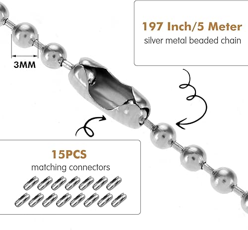 Chaîne à Billes 5m Chaînes à Billes en Acier Inoxydable 3mm avec 15 Connecteurs Assortis Chaîne d'extension de Chaîne à Billes pour la Fabrication de Bijoux Faits Maison Colliers Bracelets Porte-clés - Nail Gallerys