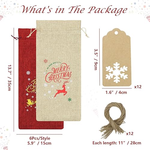 PIXHOTUL Sacs à Vin en Toile de Jute, 12 Sacs à Vin en Toile de Jute Imprimés de Motifs de Noël, avec étiquettes et Cordes pour Noël, Mariage, Voyage, Anniversaire, Fête de Noël - Nail Gallerys