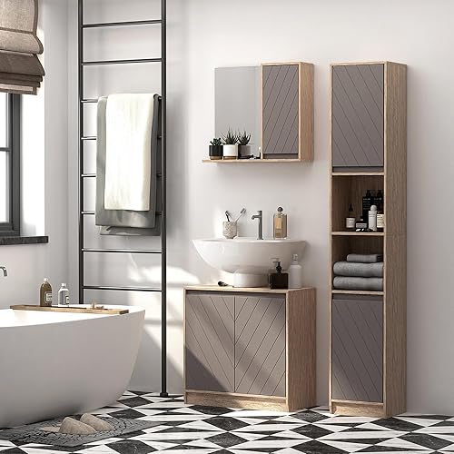 HOMCOM Miroir de Salle de Bain avec étagère et Placard - système Fixation intégré - Panneaux Particules chêne Clair Gris - Nail Gallerys