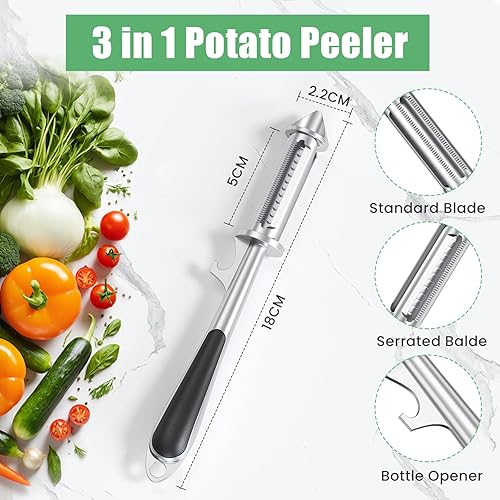 Alyvisun 3 en 1 Eplucheur/Julienne/Ouvre-bouteille, Alliage de Zinc, Éplucheur de Pommes de Terre avec Poignée Antidérapante, Éplucheur Universel pour Divers Fruits et Légumes - Nail Gallerys