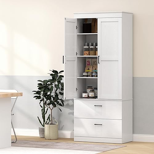 HOMCOM Armoire de Cuisine, Buffet Cuisine, vaisselier Meuble de Rangement, avec Placard, étagères réglables et 2 tiroirs, Style Moderne, 75 x 39 x 178 cm, Gris - Nail Gallerys