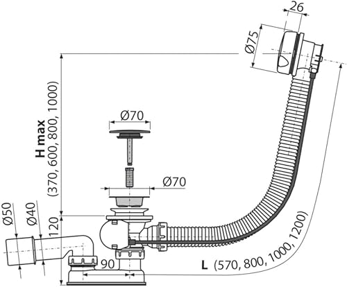 Baignoire Baignoire Bonde à partir de avec trop-plein blanc Longueur 570 mm automatique de câble bowden Bouchon Grand Bonde vidage baignoire - Nail Gallerys