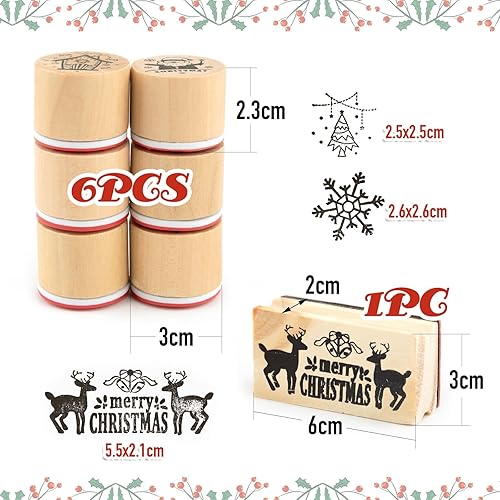 6pcs Noël Tampons en Caoutchouc Bois Ronds Bonhomme Flocons de Neige Sapin Renne et 1pc Tampons à Imprimer Rectangle Lettre Merry Christmas Décoration Scrapbooking DIY pour Noël Anniversaire Nouvel An - Nail Gallerys