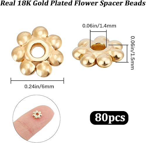 Beebeecraft 1 boîte de 80 Perles D'Espacement en Forme de Fleur en Acier Inoxydable Plaqué Or 18 carats de 6 mm Rondes en Forme de Marguerite sur Les Côtés pour la Fabrication de Bijoux Bracelets - Nail Gallerys
